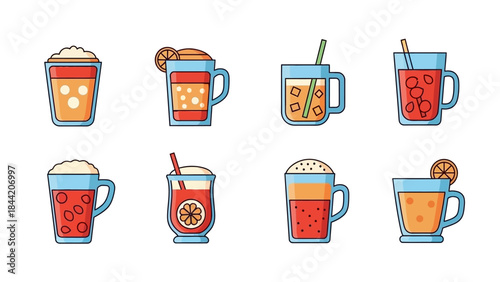 Set of colorful vector icons depicting various types of refreshing beverages in glasses and mugs