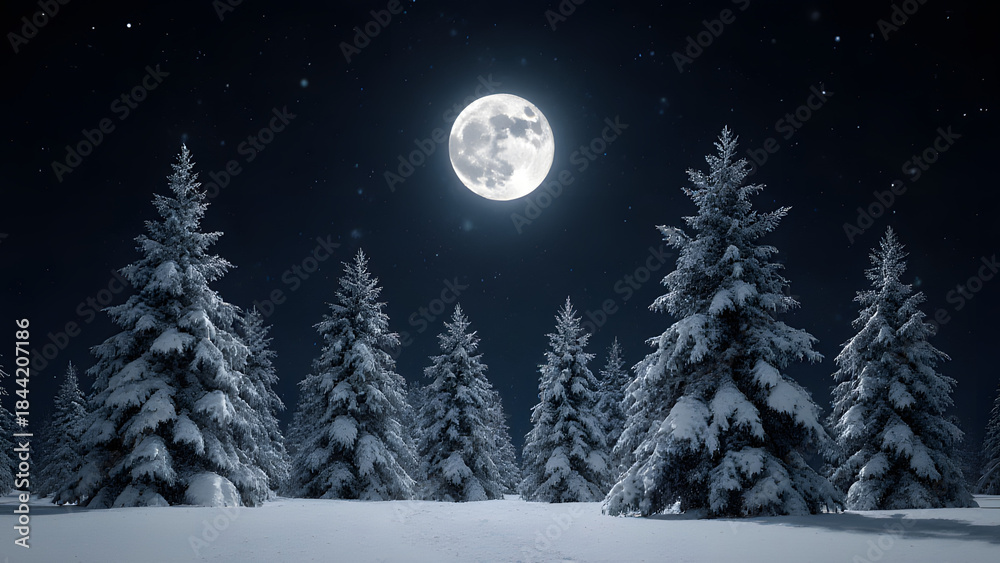 Fototapeta premium Winter Night Forest with Snow and Moonlit Silhouettes Under Starry Sky