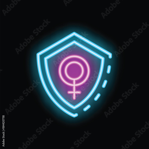 Neon sign showing a shield protecting a female symbol, bringing awareness to women's rights and safety