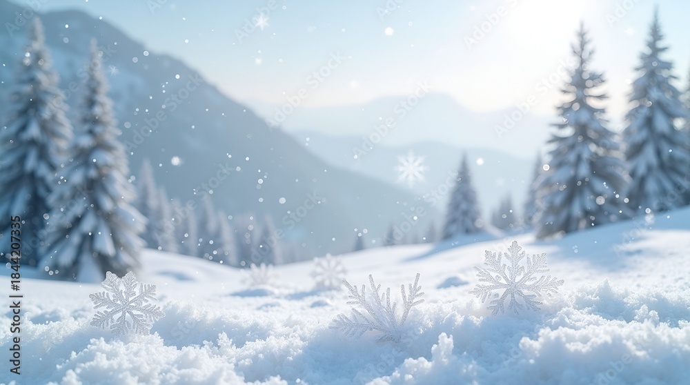 Fototapeta premium Snowy winter atmosphere design with heavy falling snowflakes, icy crystal textures, flat snowflake shapes, white transparent background