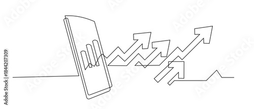 Continuous line Icons depicting business strategy, operational improvement, and growth analysis with presentation boards, gears, and bar graphs showing upward trends.