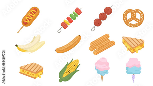 A delicious assortment of various food items, including hot dogs, fruits, and snacks, displayed in a collection of illustrations