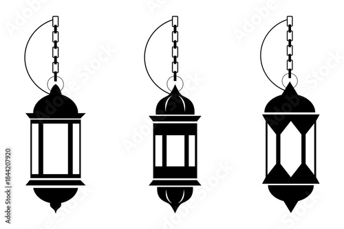 Three ornate lanterns in black silhouette, hanging from chains, offering a sense of history and cultural charm