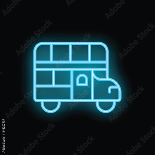 Blue neon sign of a classic london double decker bus glowing on a black background