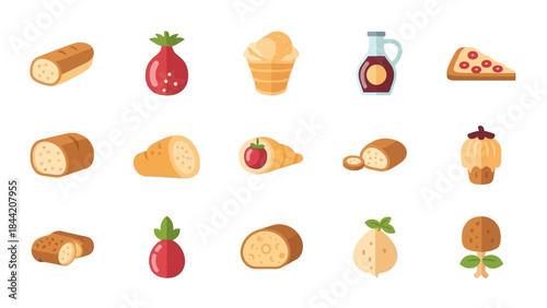Collection of delicious food icons representing various dishes and ingredients, including potatoes and fruits, perfect for culinary themes and menus