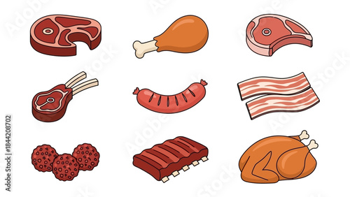 Assortment of Raw and Cooked Meat Products Featuring Steak, Chicken Leg, Sausage, Lamb Chops, Ribs, Meatballs, Bacon, and Whole Roasted Chicken