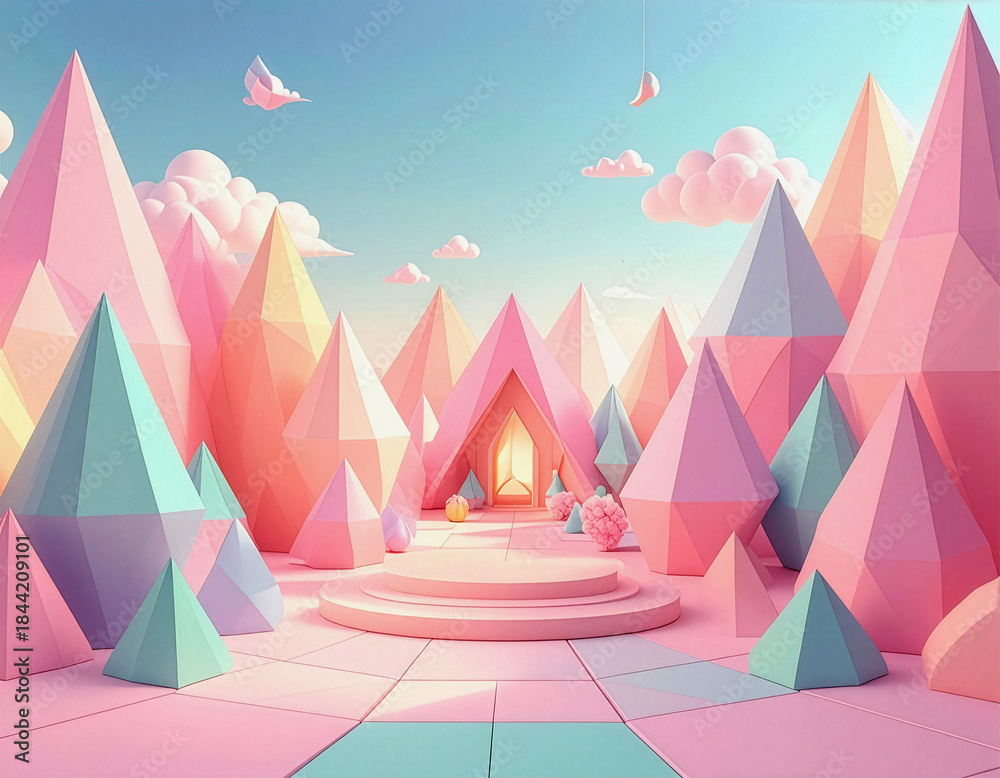 Fototapeta premium Pastel Fantasy Landscape with Geometric Mountains and Dreamlike Architecture 3D Render