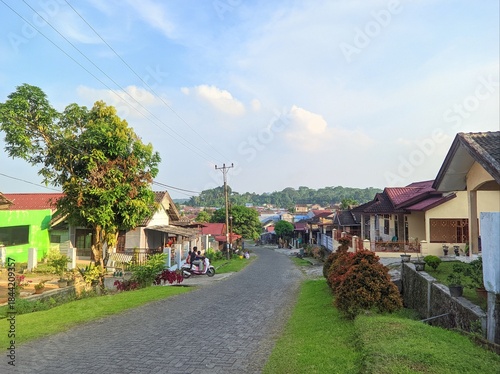 A paved road winds through a residential neighborhood with houses on either side under a clear sky.