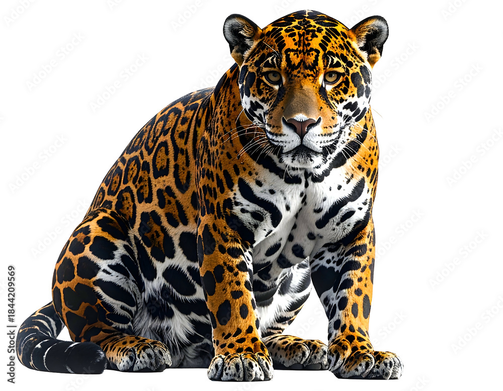 Obraz premium Majestic spotted feline with alert gaze, seated powerfully