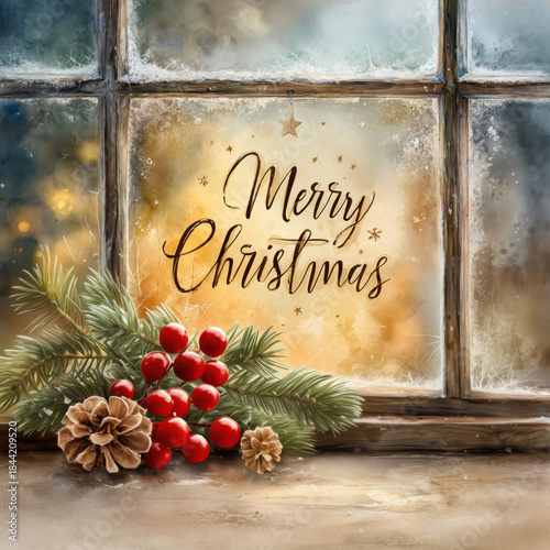 Frosty old wooden window with Merry Christmas text, watercolor greeting card with pine branches, cones and red berries
