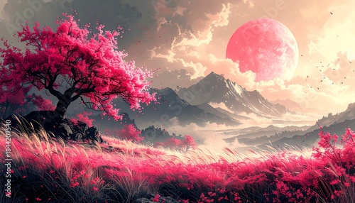 Wallpaper Mural Enchanting Pink Moon Over Cherry Blossom Landscape Torontodigital.ca