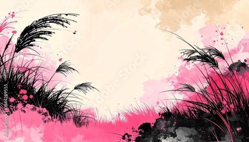 Wallpaper Mural Japanese Ink Wash Painting with Pink Accents Torontodigital.ca
