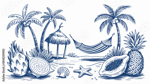 Tropical Beach Scene with Palm Trees, Hammock, and Fresh Fruits