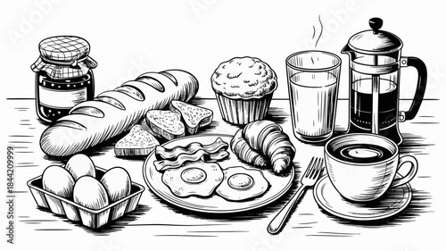 Breakfast Spread with Coffee, Eggs, and Pastries