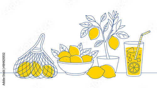 Lemon Still Life with Fresh Fruit and Refreshing Drink