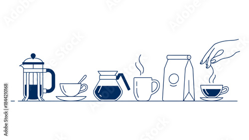Coffee Brewing and Serving Essentials in a Minimalist Line Art Style