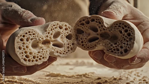 Baker pulling apart porous yeast dough with flour