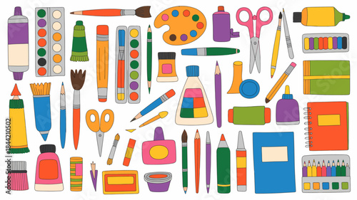 Colorful illustration of various art supplies and school stationery on white background
