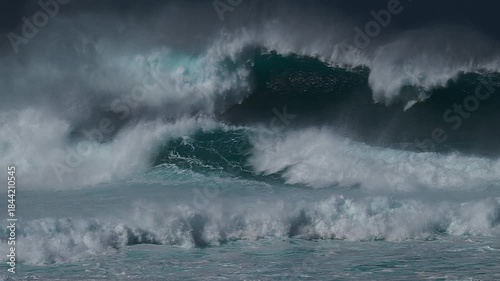 Hawaiian wave. Big ocean wave breaks on the Hawaiian shore, famous Pipeline surf spot on the Oahu island