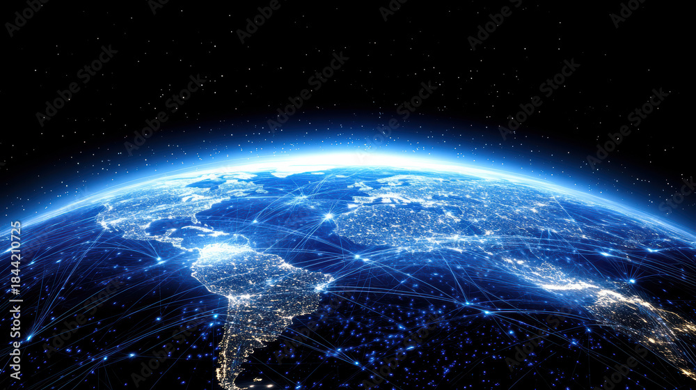 Fototapeta premium Global network connection, earth from space, digital communication, night lights, blue glow