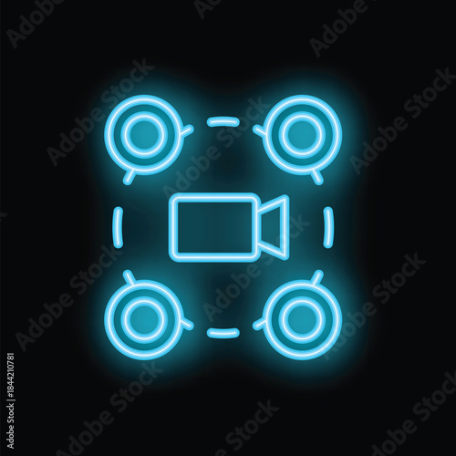 Glowing blue neon icon of a video camera connecting people online for a conference call, webinar, or virtual meeting