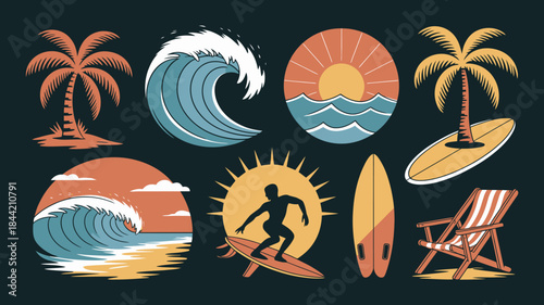 Surfing and Beach Icons Set, Summer Vacation Symbols