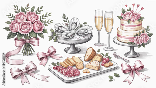 Wedding Reception Table Setting with Food, Drinks, and Decorations