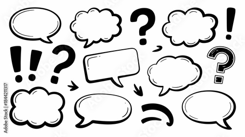 Cartoon speech bubbles and punctuation marks on white background