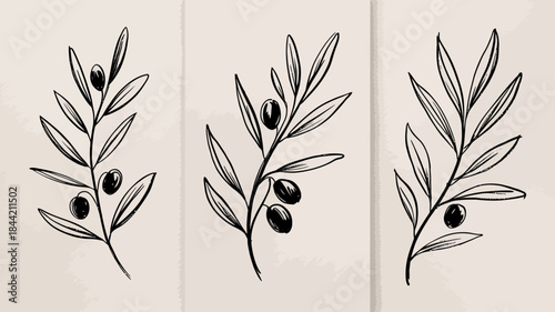 Hand-Drawn Olive Branches with Leaves and Berries on Beige Background