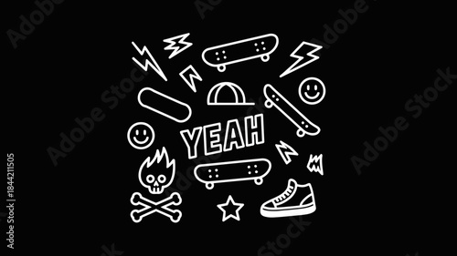 Skateboarding doodles and symbols on black background with yeah text