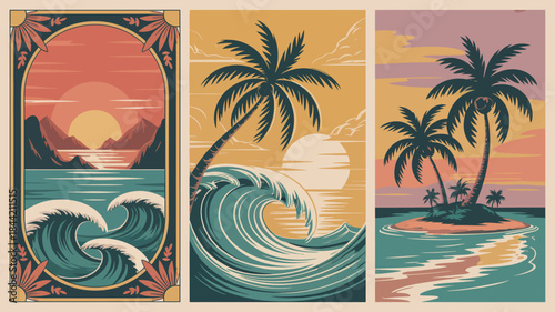 Tropical Ocean Scenes with Palm Trees and Sunset