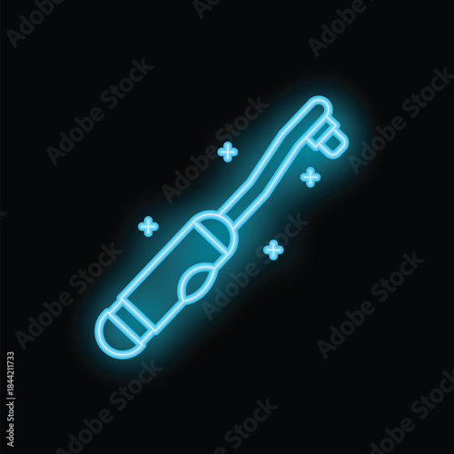 Blue neon sign of a modern electric toothbrush glowing on black background