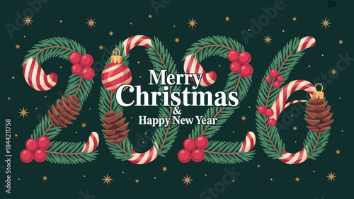 Merry Christmas and Happy New Year 2024 festive holiday graphic with decorations
