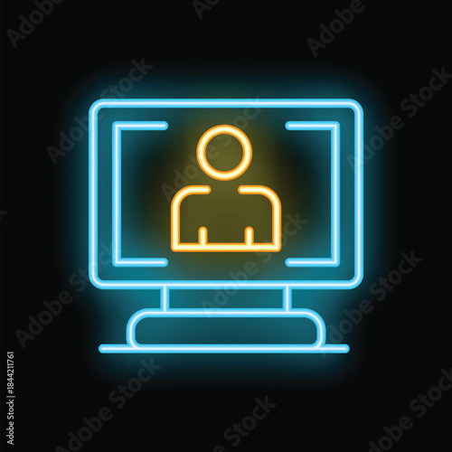Glowing neon icon of a computer displaying a user account profile picture