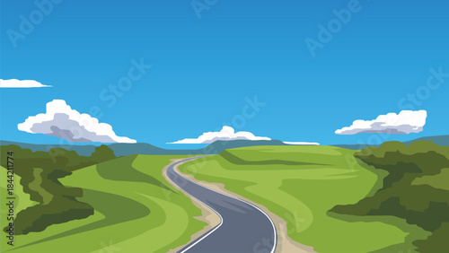 Landscape featuring winding roads stretching along the hillsides. Valleys are covered with forests. Background of forest and mountain under blue sky and white clouds.