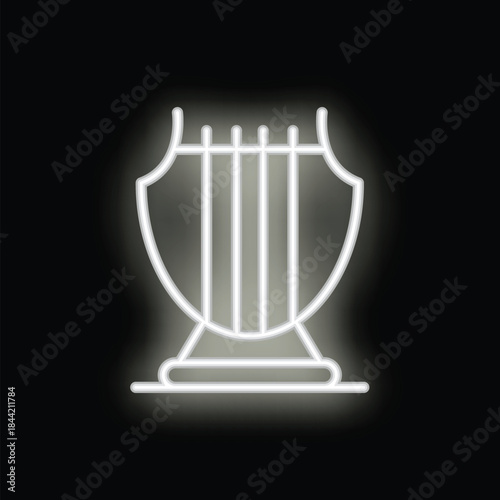 Neon sign representing the ancient greek stringed musical instrument, the lyre, known for its use in classical greek music and poetry