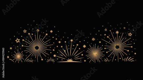 Golden Fireworks Explosions on Black Background for Celebrations and Festivals