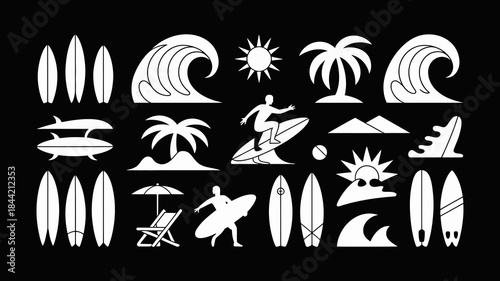 Surfing Icons and Symbols for Summer and Beach Activities