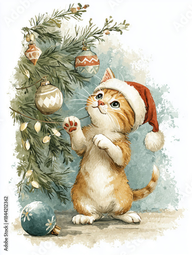 Vintage postcard with cute kitten in Santa hat playing with Christmas tree ornaments. New Year watercolor greeting card