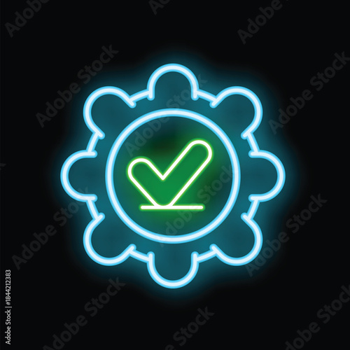Neon sign showing a green tick inside a blue cogwheel, conveying a concept of validation or approval in a technological process
