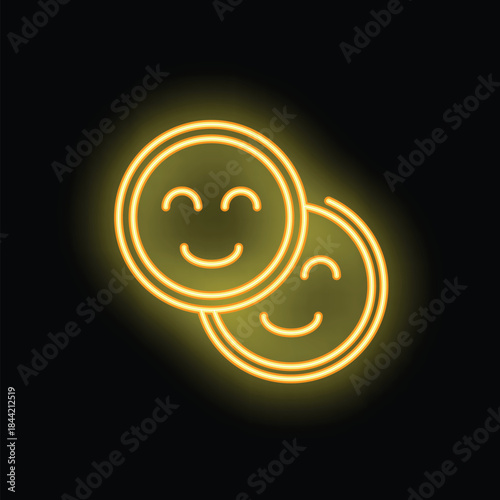 Yellow neon sign depicting two happy smiley faces on a black background