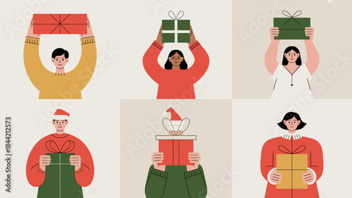 People holding gifts in various colors and styles, celebrating holidays and special occasions with joy and generosity.