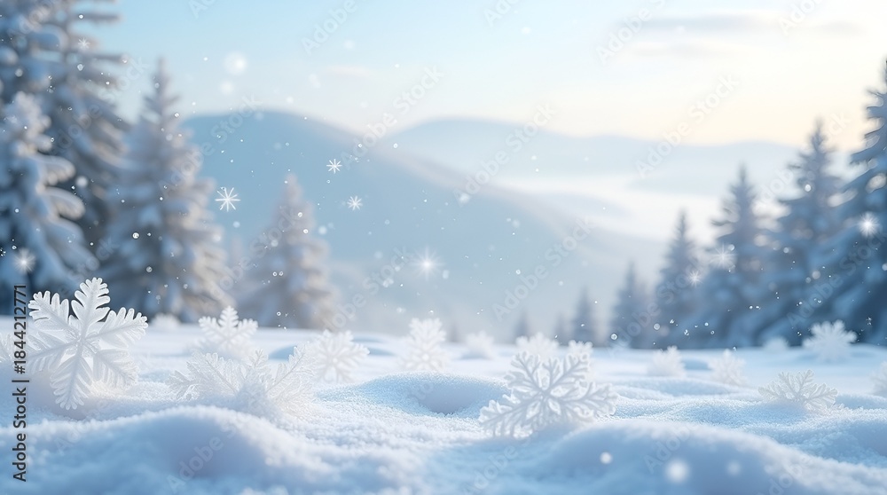 Fototapeta premium Modern New Year snow illustration showing dense snowfall, delicate crystalline granules, flat minimalist snowflakes, clean transparent backdrop
