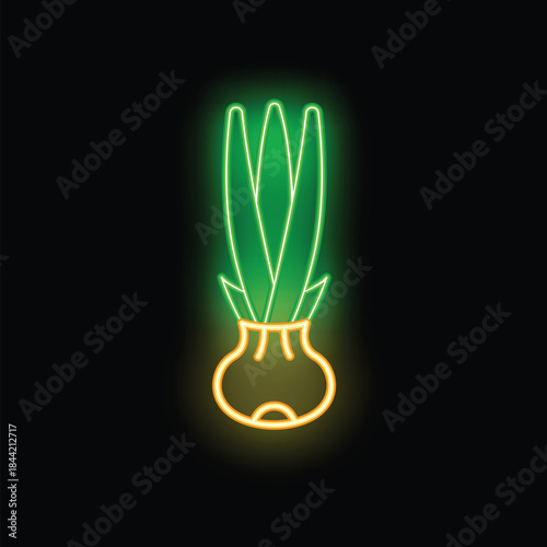Glowing neon sign depicting green onions growing in a pot, perfect for restaurant signage or food related designs