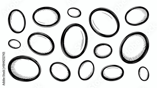 Hand-drawn black and white illustration of various sized ovals and circles with shading.