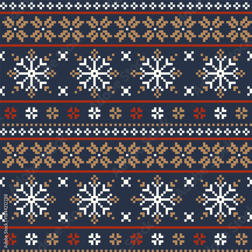 Dark Blue and Brown Pixel Art Christmas Knit Snowflake Seamless Pattern Vector
