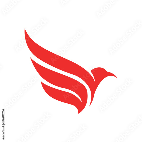 Striking red stylized bird in flight with powerful wings symbolizing freedom, speed and dynamic movement