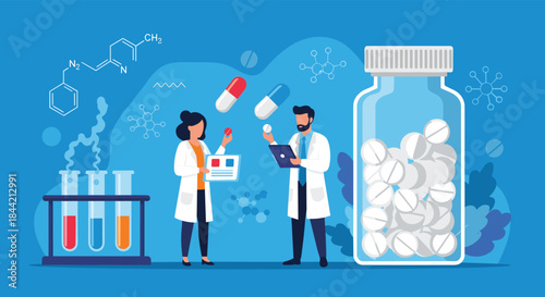 Vector illustration of male and female scientists in lab coats working on pharmaceutical research with pills, test tubes, and chemical structures.