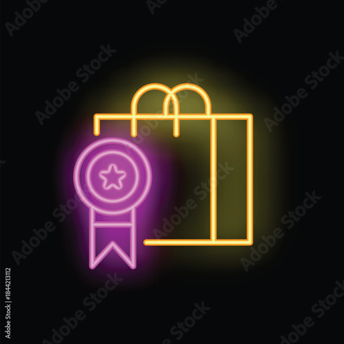 Neon icon of a shopping bag with a star award ribbon, representing the concept of best store