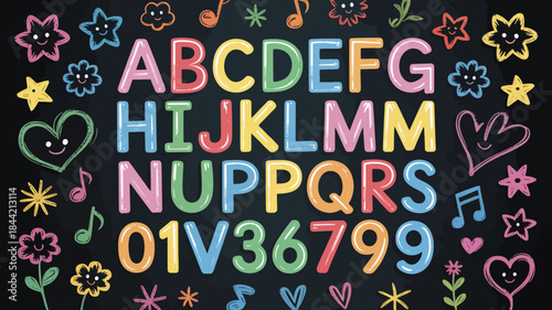 Colorful Alphabet and Numbers on Blackboard with Cute Illustrations